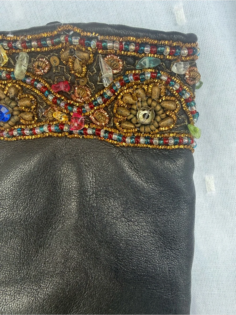 Vintage Beaded Cuff Genuine Leather Gloves Dark Brown Statement Accessories M